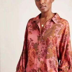 ANTHROPOLOGIE Halie Dolman Sleeved Buttondown Blouse in Pink Rose‎ | Size XS